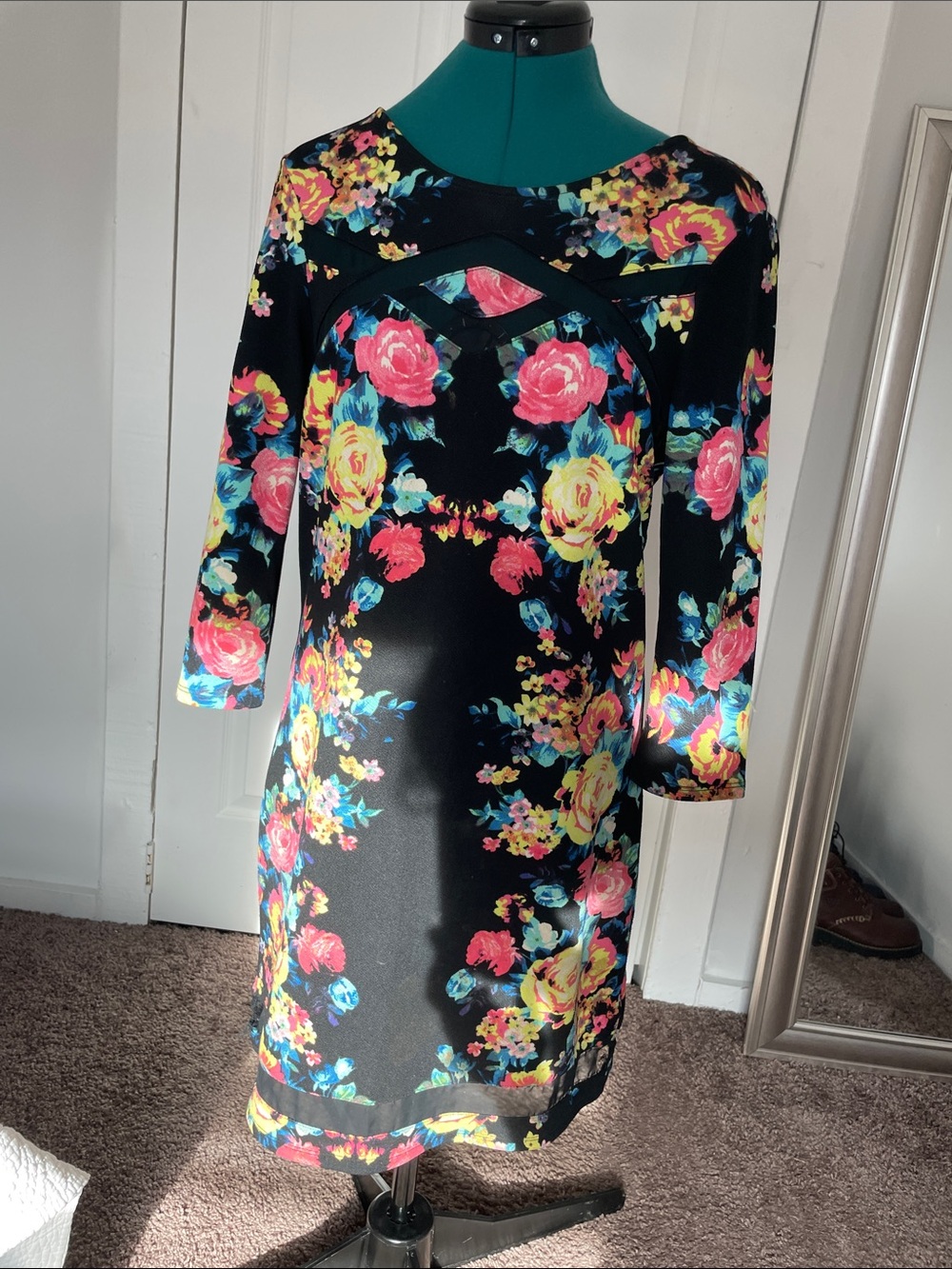 love, Fire Black Floral Long Sleeve Sheath Dress with Pink & Yellow Blooms